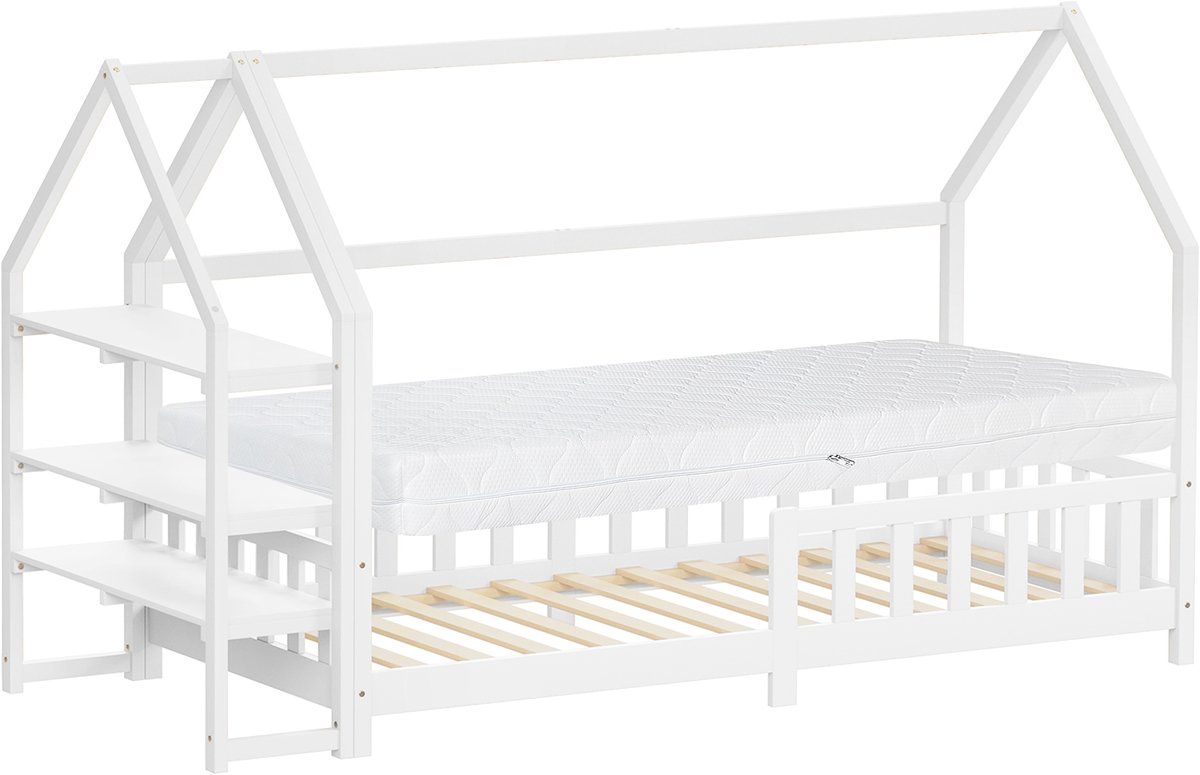 ml-design montessori kinderbed 90x200 cm met matras H:16 cm valbeveiliging en plank wit massief grenenhout huisbed voor meisjes en jongens met lattenbodem decoratieve kap houten eenpersoonsbed jeugdbed speelbed vloerbed bedhuis kinderbed met dak