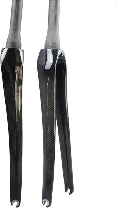 Glanzende zwarte carbon fiber fietsvoorvork met opvallende textuur.