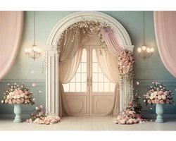 YongFoto 10x6.5ft wedding backdrop for photo shoot European room door fabric flower chandelier romantic backdrops for couple wedding reception ceremony party venue decor portrait photo studio props