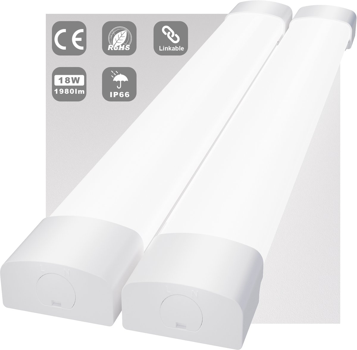 MODLICHT - 2PCS LED Batten 60 cm 18W 5000K 2000LM - Daglicht wit - LED TL Armatuur - Voor werkplaats, schuur en als onderbouwverlichting