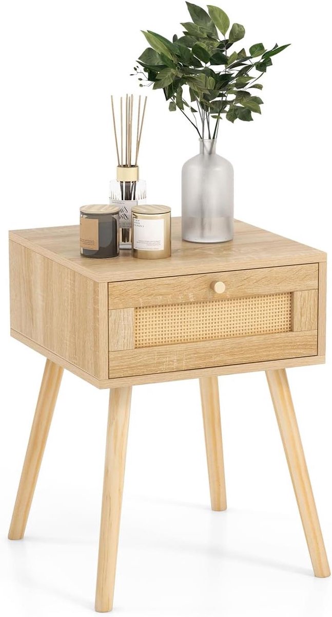 KOMFOTTEU Nachtkastje met rotan design, bijzettafel van hout, smal nachtkastje met grenenpoten, nachtkastje voor slaapkamer en woonkamer, 40 x 40 x 55 cm, naturel (1)