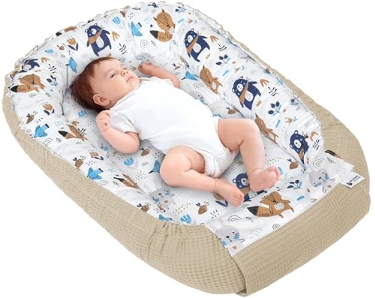 Babynest reisbedje met verstelbare zijden - 100% katoen wafelstof - Dierenprint