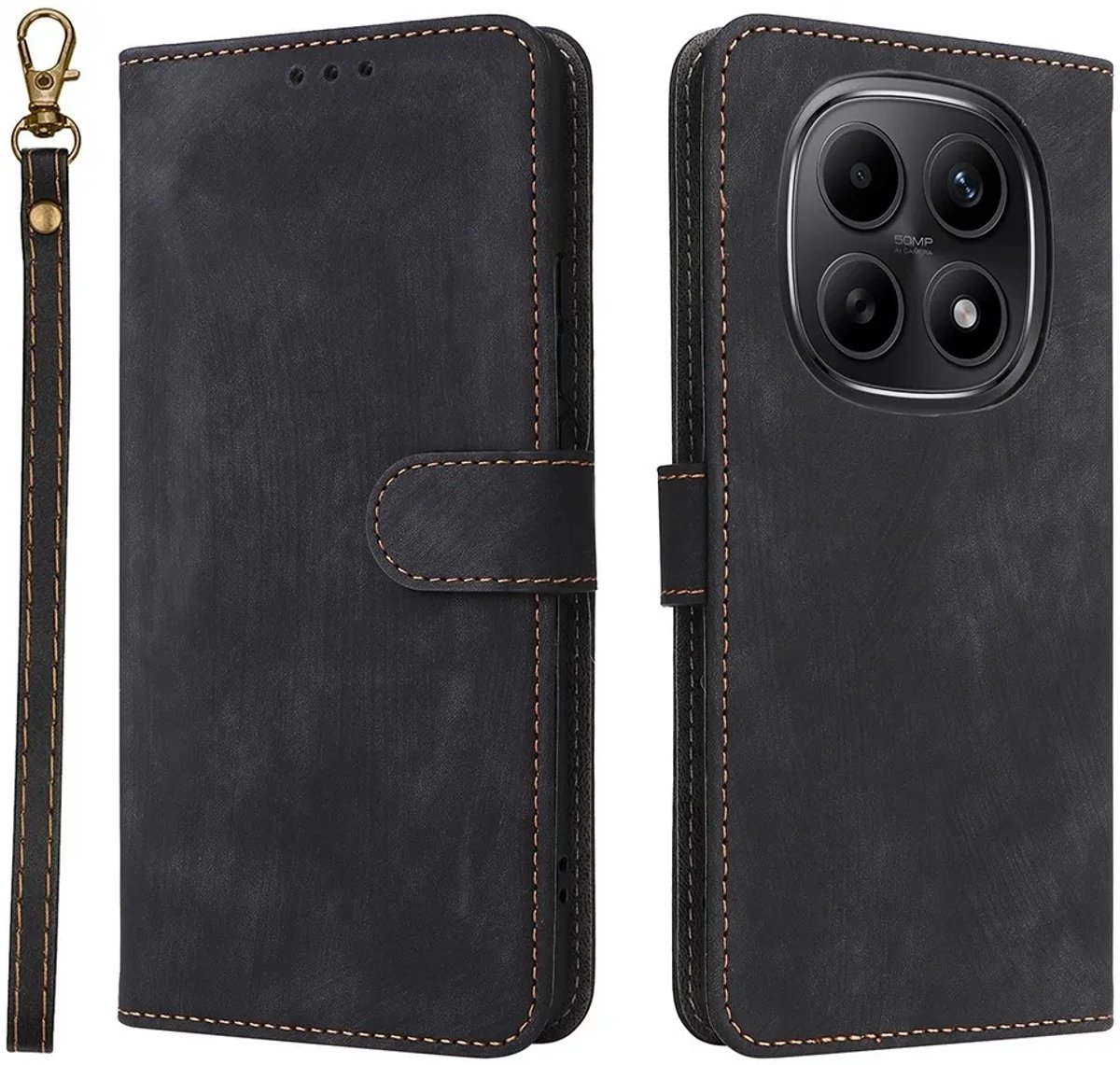 Hoesje geschikt voor Xiaomi Redmi Note 15 4G/5G / Xiaomi Poco M8 - Phonesta Vintage Skin Book Wallet Case met afneembaar koord - Zwart