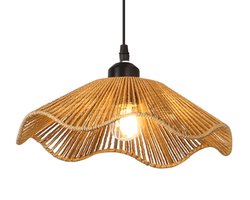 Handgeweven hanglamp van henneptouw. Hanglamp van smeedijzer en rotan. Plafondlamp in industriële stijl. Geschikt voor boerderijen, kantoren in rustieke stijl, bars, cafés en soortgelijke omgevingen.