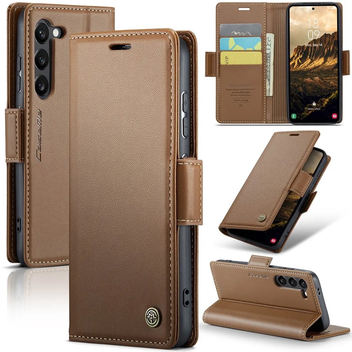 Hoesje geschikt voor Samsung Galaxy S25 - CASEME Litchi Texture Book Wallet Case - Bruin