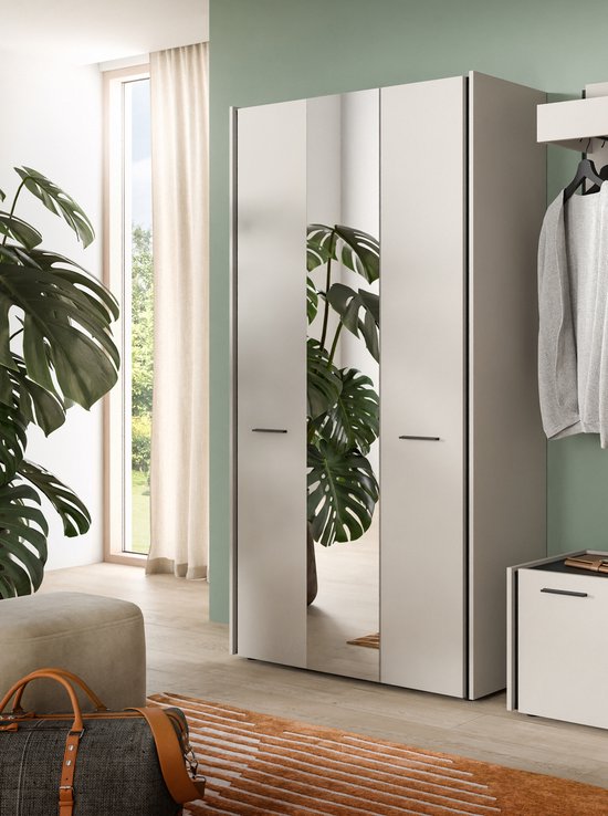 Moderne beige kledingkast met spiegeldeuren, met een grote groene plant weerspiegeld in de deuren.