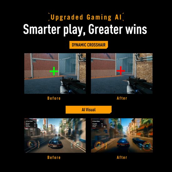 Vergelijking van dynamische vizieren en AI-visuele verbeteringen in games, voor en na.