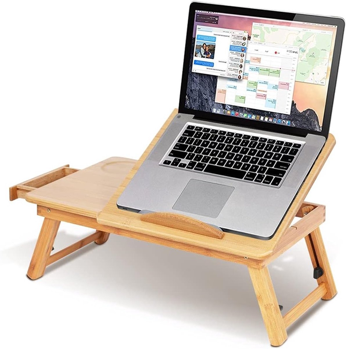 Vouwbare Bedtafel van Bamboe, Ideaal voor Laptops, Met Opklapbare Deksel en Lade, Verstelbaar en Handig voor Thuisgebruik