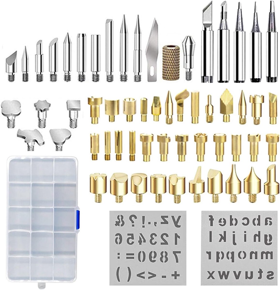Vervangende Solderingtips en Embossing Sjablonen, Houtbrand Soldering Tips, Snijgereedschap Set voor Hout en Leer, Compleet Set (61 Stuks)