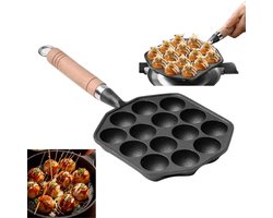 Takoyaki Pan met 14 Holes - Ideaal voor Takoyaki, Aebleskiver en Poffertjes - Gietijzeren Grillpan met Afneembare Handgreep