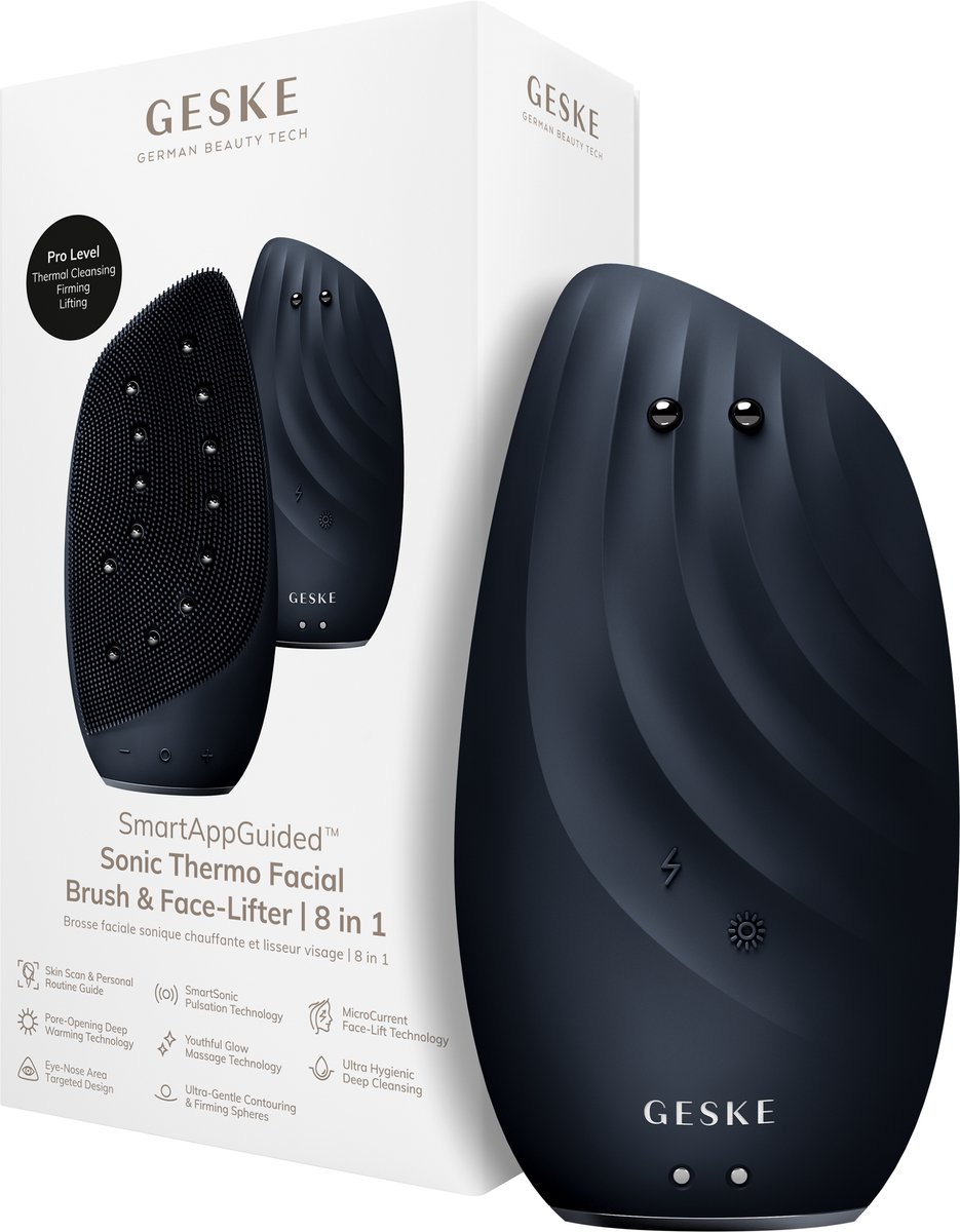 GESKE | SmartAppGuided™ Sonic Thermo Facial Brush & Face-Lifter | 8 in 1 | Huidreiniging & anti-rimpel | Siliconen elektrische reinigingsborstel | Gezichtsmassager | Reiniging & anti-aging