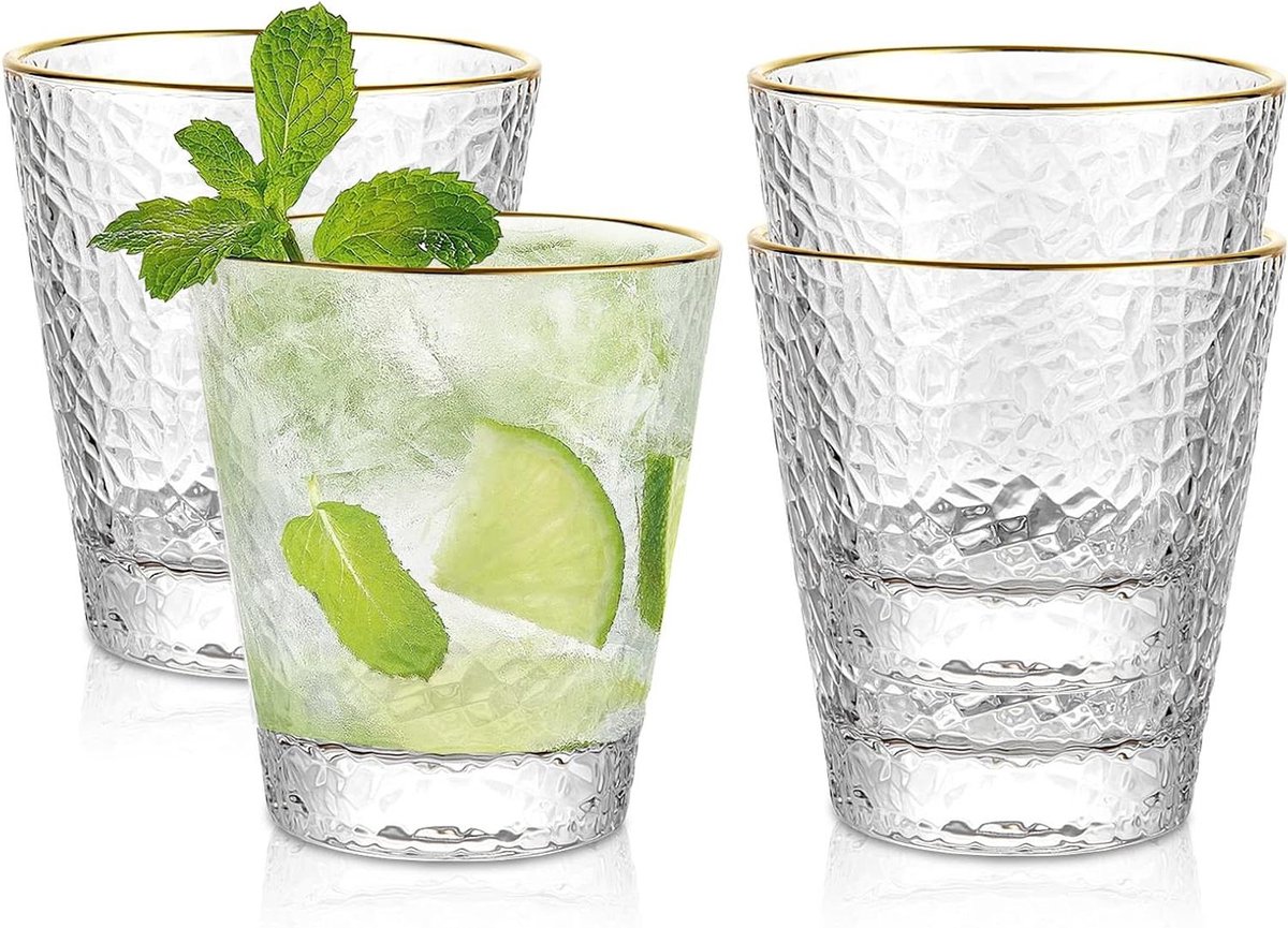 Set glazen - Drinkglazen waterglazen - Drinken thuis - Gehamerde textuur - 300 ml - Transparant