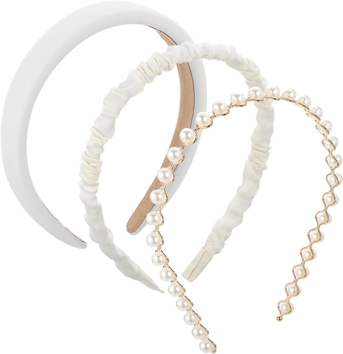Stijlvolle 3-delige Haarband voor Dames en Meisjes, Verstelbare Padded Haarband met Witte Parels, Vintage Haaraccessoires voor Elke Gelegenheid
