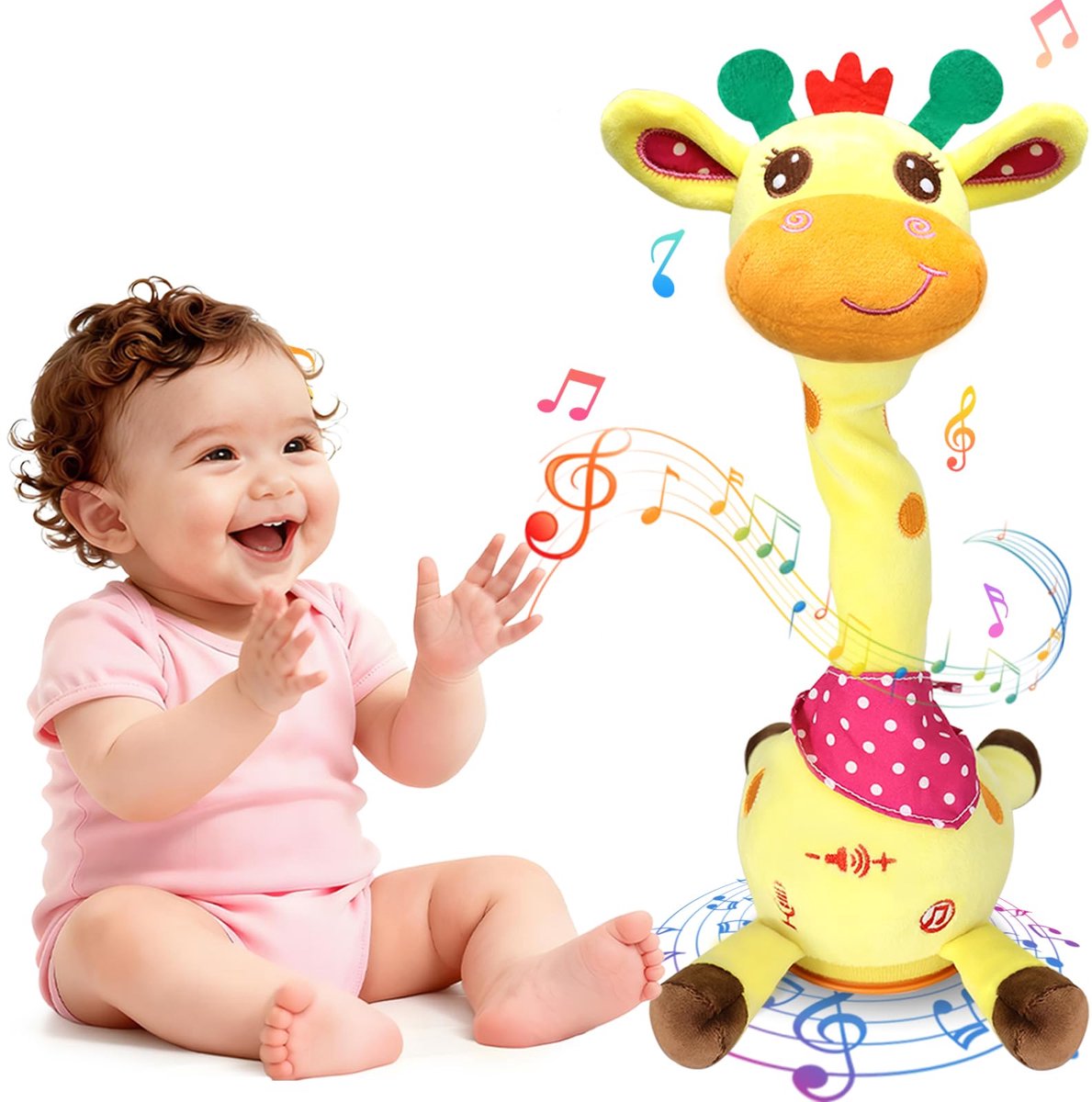 Pratende en dansende giraffe pluche speelgoed - Babyspeelgoed voor 1-3 jaar - Zingt, maakt geluid en herhaalt - met lichtgevend lampje - Interactief speelplezier voor peuters, jongens en meisjes - geel