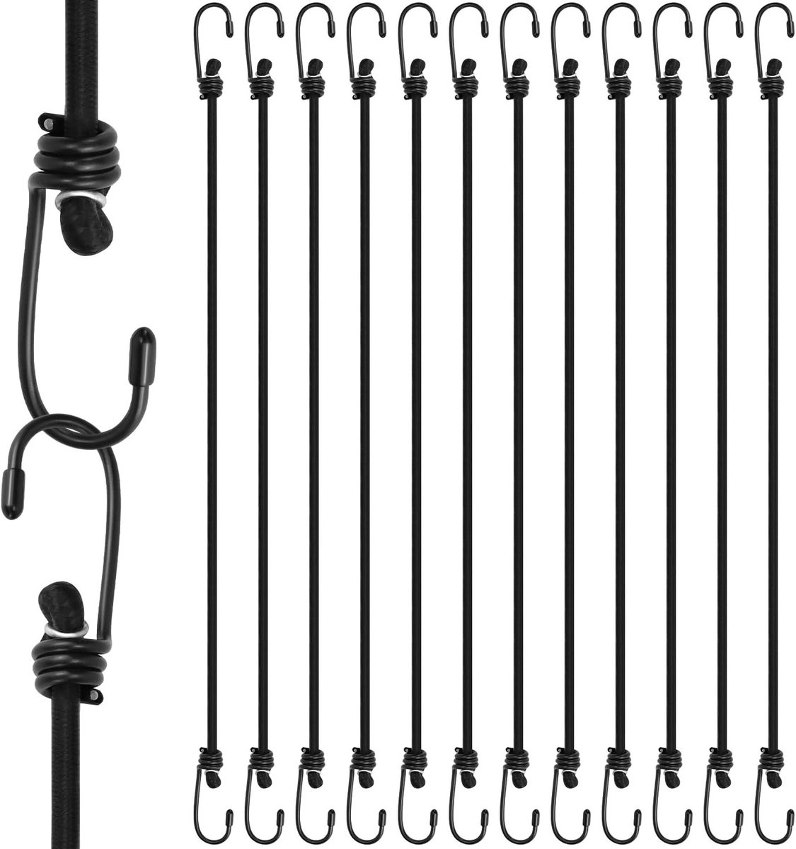 12 Stuks 60cm Sterke Bungee Koorden met Haken, Multifunctionele Elastische Touwen voor Bagage, Kamperen en Transport