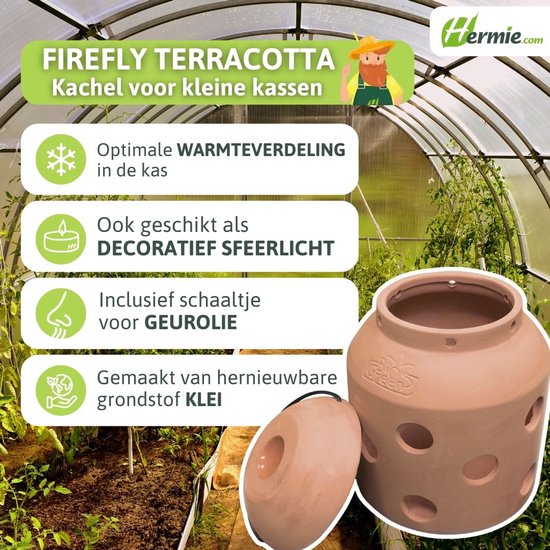 Terracotta kachel voor kleine kassen met optimale warmteverdeling. Ook decoratief sfeerlicht met schaaltje voor geurolie. Van hernieuwbare klei.