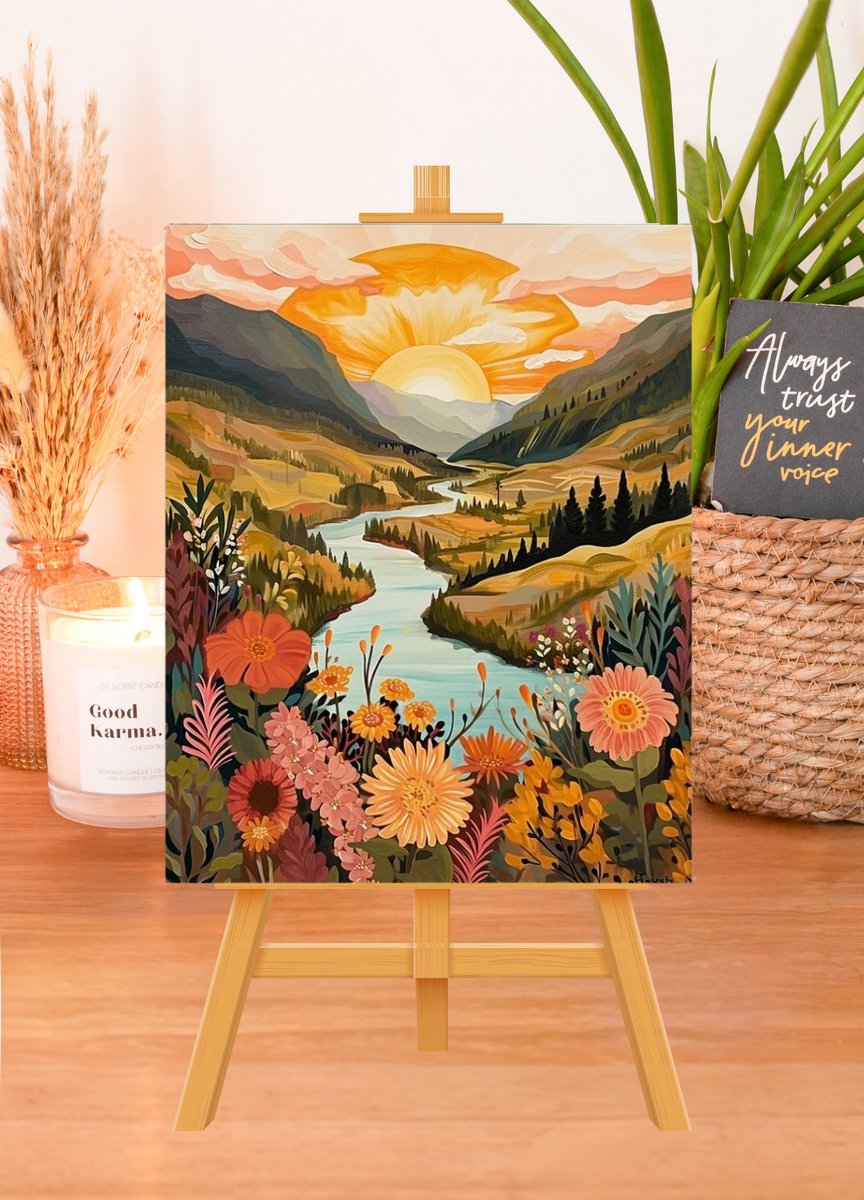 MET FRAME - Paint by numbers Volwassenen – schilderen op nummer – Creatieve hobby – Ontspanning Thuis – Cadeau idee – Compleet pakket – DIY decoratie – Landschap – Rivier – Zonsondergang – River at Golden Hour — afbeelding 2
