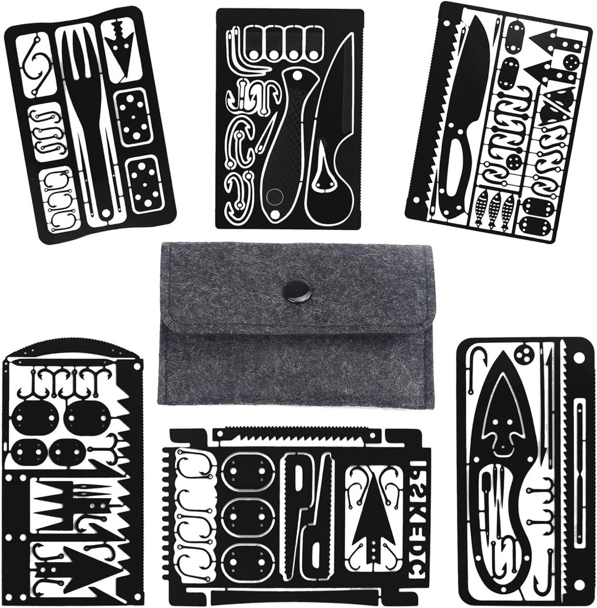 Multitool Kaarten Set voor Overleving, Vissen, Kamperen en Buitenavonturen - 6 Stuks