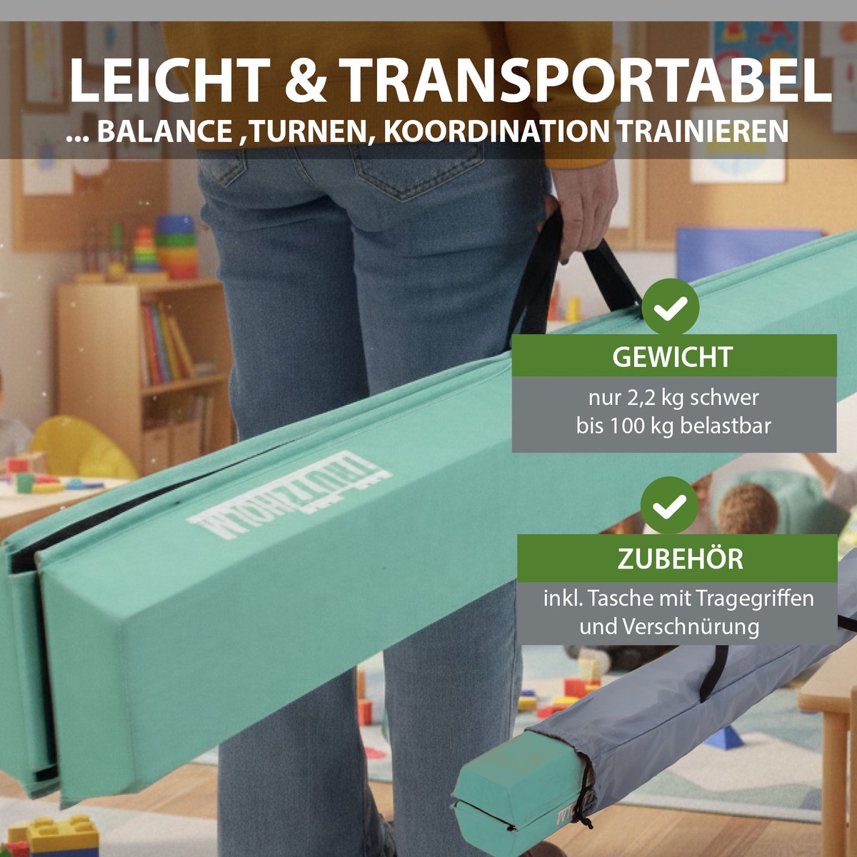 Schwebebalken 210 cm klappbar auf 105 cm mintgrün Turnbalken mit Tragetasche Balancierbalken