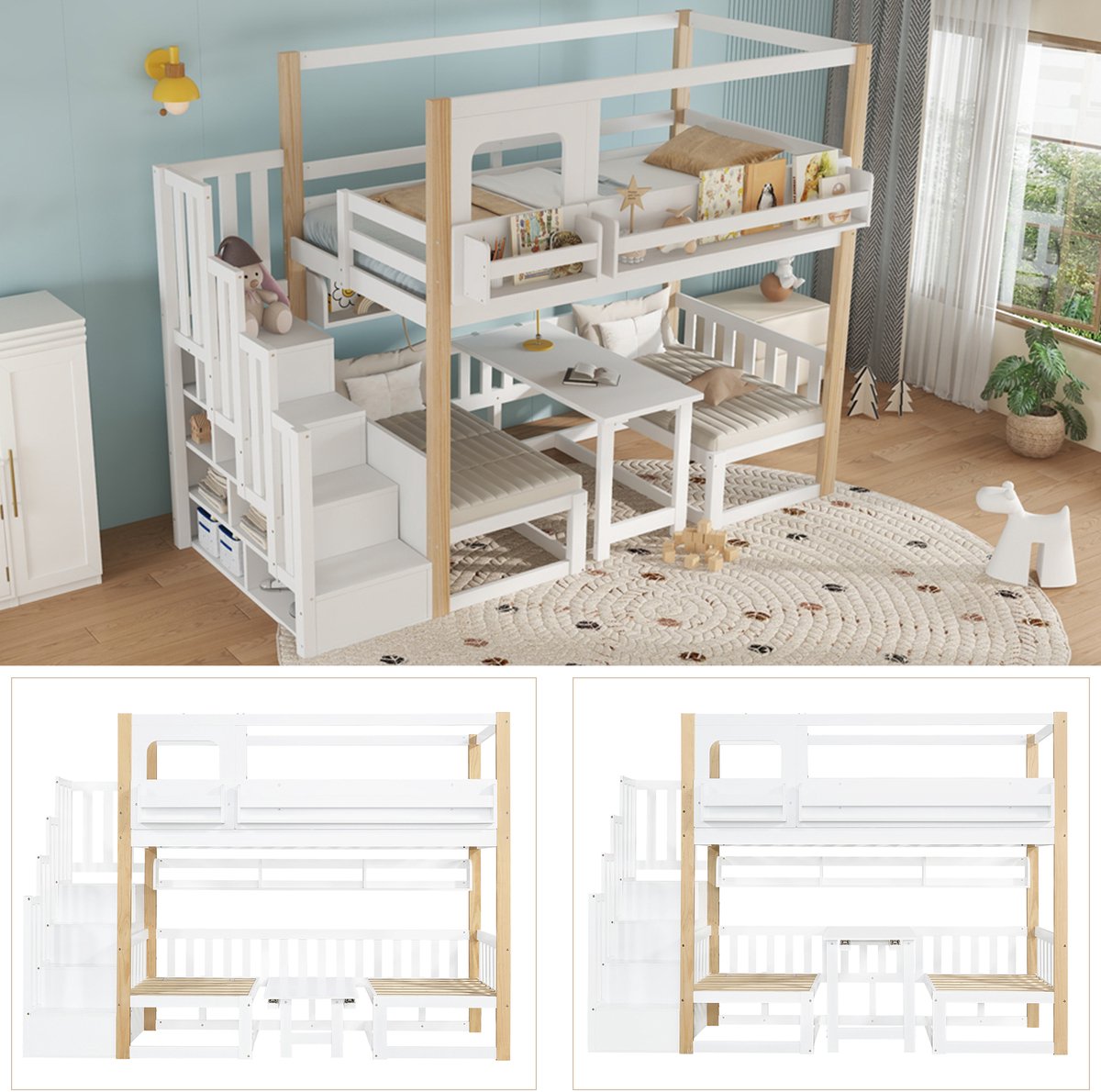 Clruro Stapelbed - 90x200 cm - Met Verstelbaar Bureau En Boekenrek - Opbergtrap - Hout - Wit Natuur Wit+Natuurlijk