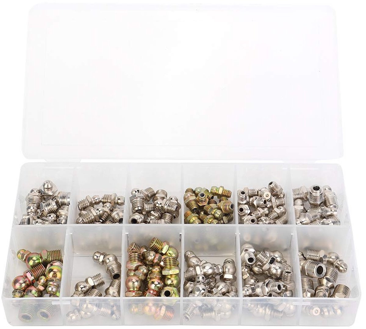 Complete Set van 130 Stuks Vetnippels, M6 M8 M10, 1/8 1/4, 45 Graden en Rechte Types, Geschikt voor Hydraulische Slangen en Buizen, IJzer en Nikkel Geplateerd