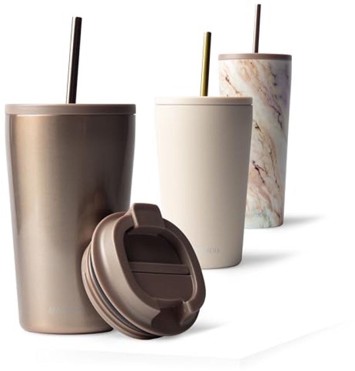 Thermobeker 470 ml - Roestvrij Stalen Drinkbeker met Rietje & Flip-top Deksel - Dubbelwandig Geïsoleerd - Rosé Quartz