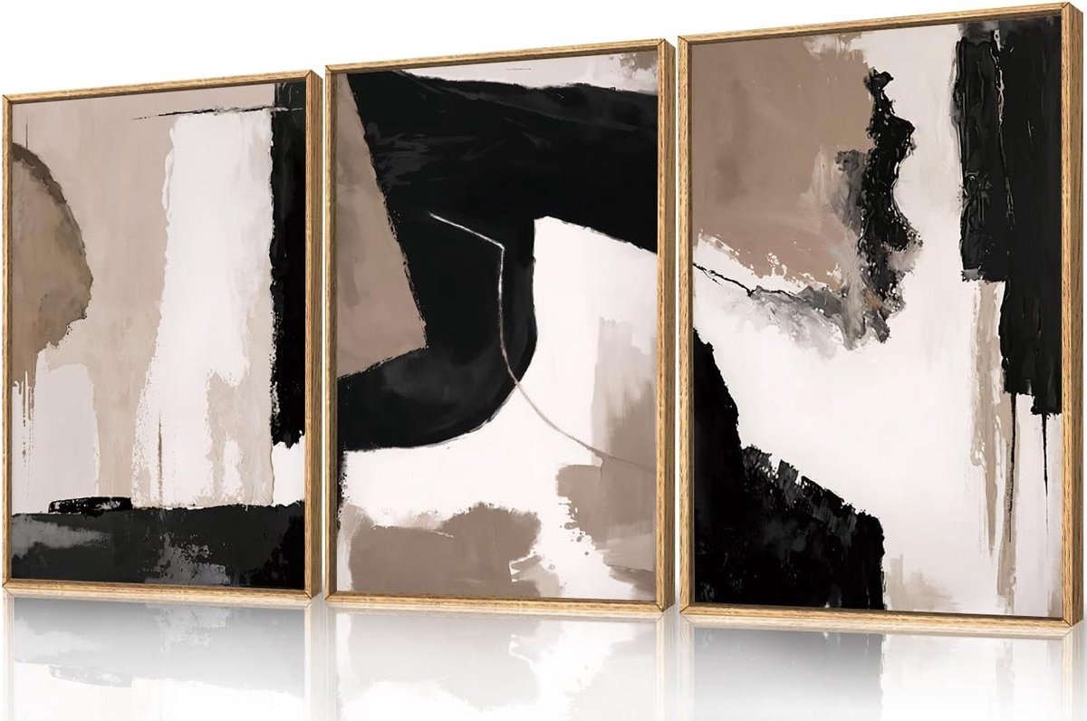 Abstracte Muurkunst Set - Moderne Decoratie - Interieur Verbeteren - Aardetinten Palet - 3x 16x24 inch - Bruin Zwart