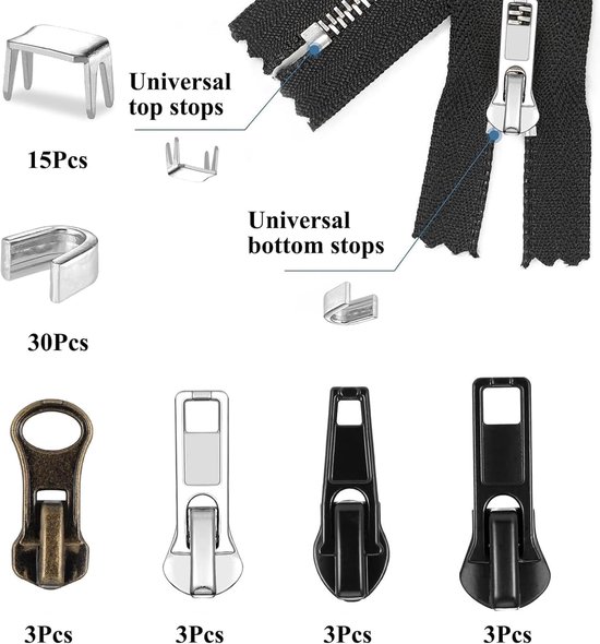 Rits Reparatie Kit - Schuifregelaar Vervanging - Kleding Repareren - Universele #5 Ritsen - 57 Stuks - Metaal Kunststof Nylon — afbeelding 5