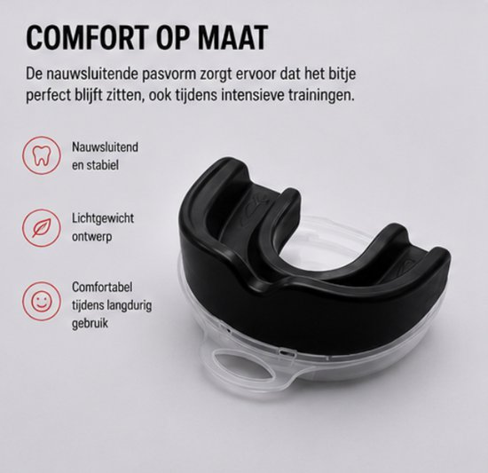 Zwarte gebitsbeschermer in een transparante bewaarbox, met tekst over comfort op maat.