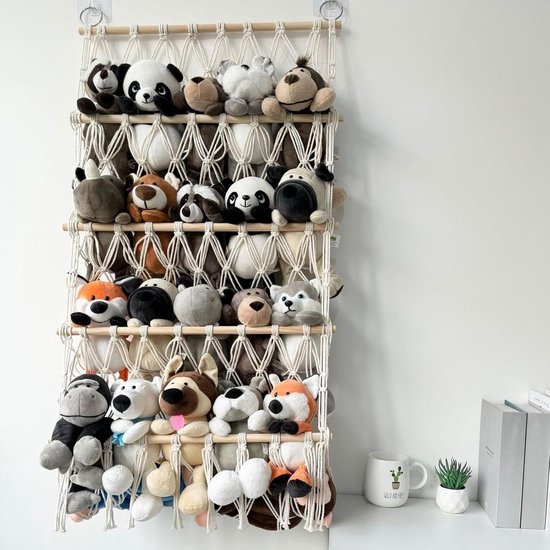 Knuffelnet - Opbergnet - Knuffels Opbergen - 4-laags Macrame - voor 25 knuffels - Beige — afbeelding 3