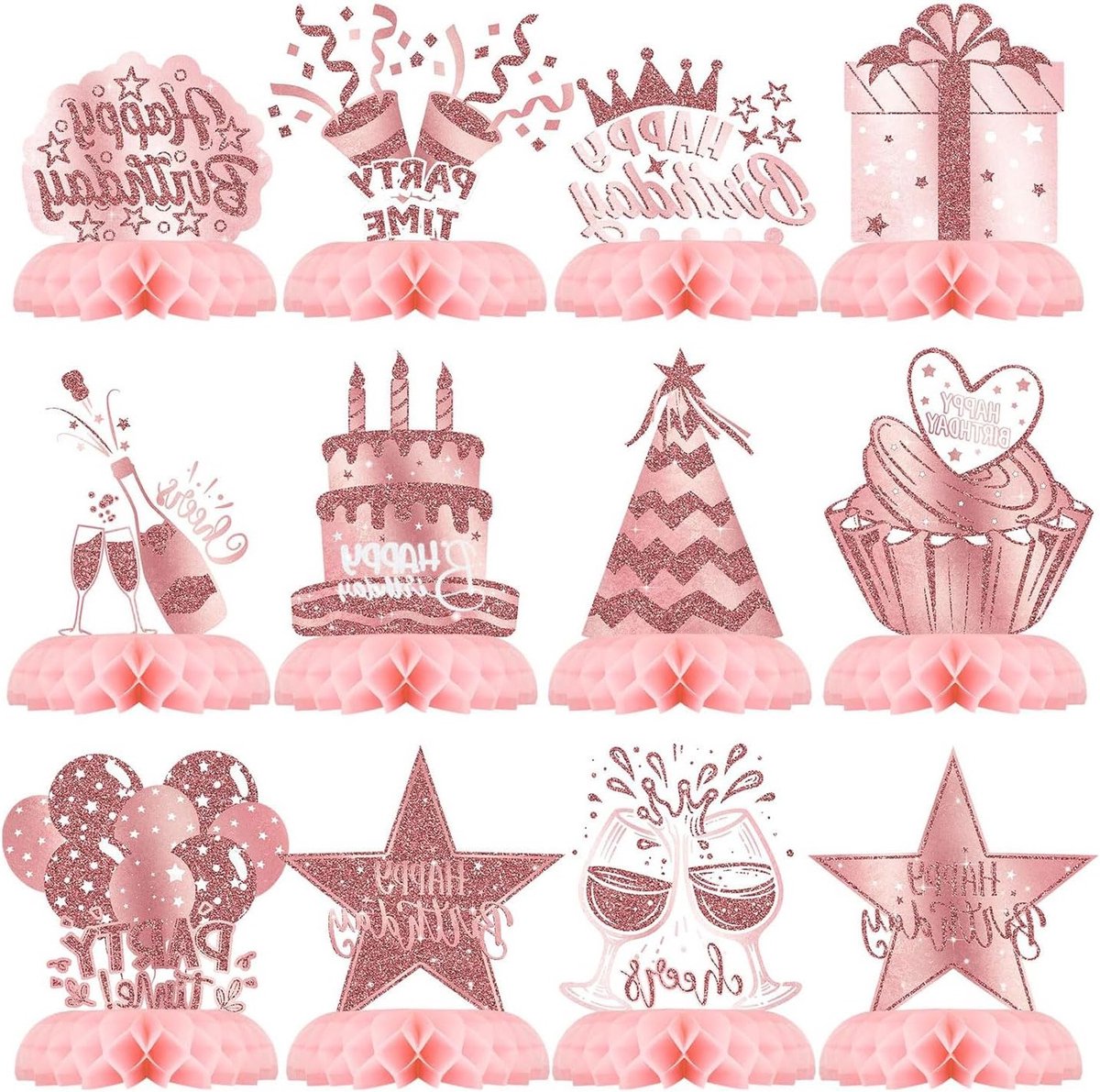 Chique Roze Gouden Feestversiering, 12 Stuks Hexagonaal Verjaardagsdecoratie, Luxe Tafelversiering voor Dames, Perfect voor Feestjes en Speciale Gelegenheden