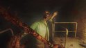 Een zombie met een verwond gezicht wordt aangevallen met een bloederige knuppel.