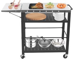 Grill trolley, outdoor grill table with stainless steel plate, folding side table, camping table, metal serving trolley, large work surface for outdoors, picnics and parties