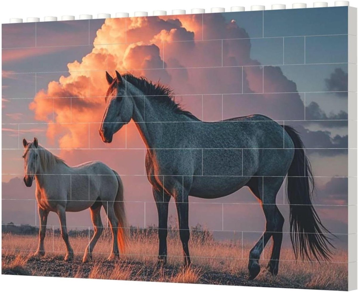 Bouwstenen Puzzel - Foto Blok Puzzels Baksteen - Woondecoratie - Gepersonaliseerde Foto - 30 Stukjes - Paarden Rode Gloeiende Wolken