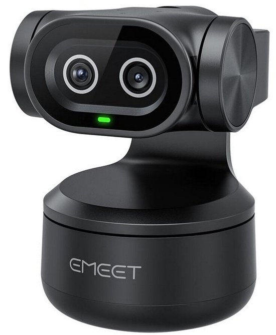 Webcam eMeet Pixy noire avec double objectif, indicateur vert et logo 'EMEET' sur la base.