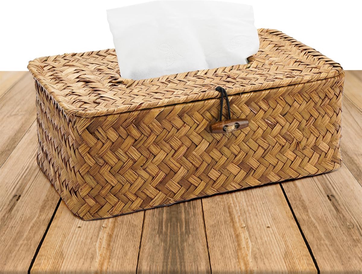 carmdering - Handgemaakte Rotan Boekendoos - Natuurlijke Rieten Opbergdoos - Tissueshouder - Elastische Sluitclip - Roestvrij Ijzeren Frame - Geweven Rotan - Rustieke Bohemse Stijl - Veelzijdig Inzetbaar - 1 Stuk