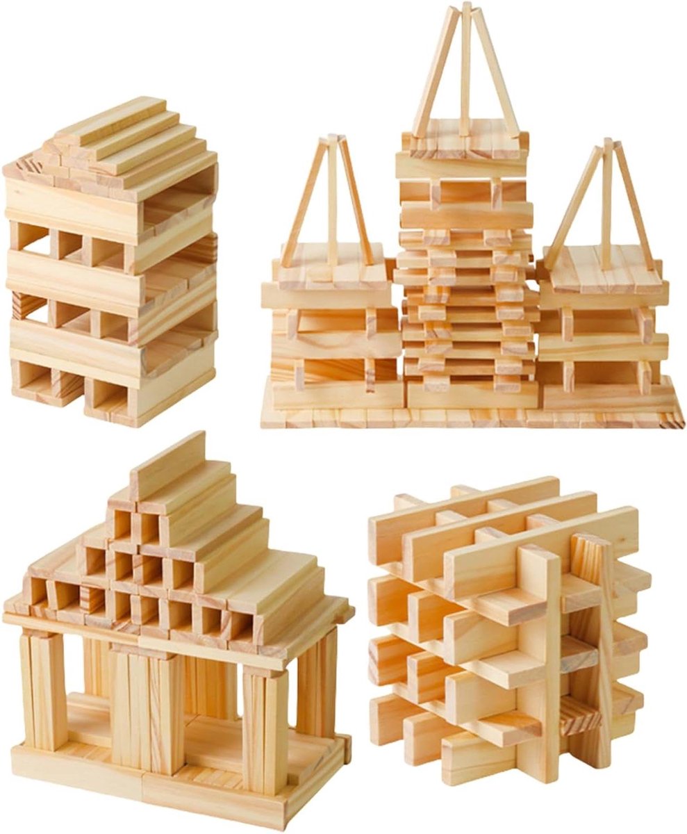 Houten Bouwstenen - Constructiespeelgoed Stapelblokken - Creatief Bouwen - Uniek Evenwicht Ontwerp - 100 stuks - Houtkleur