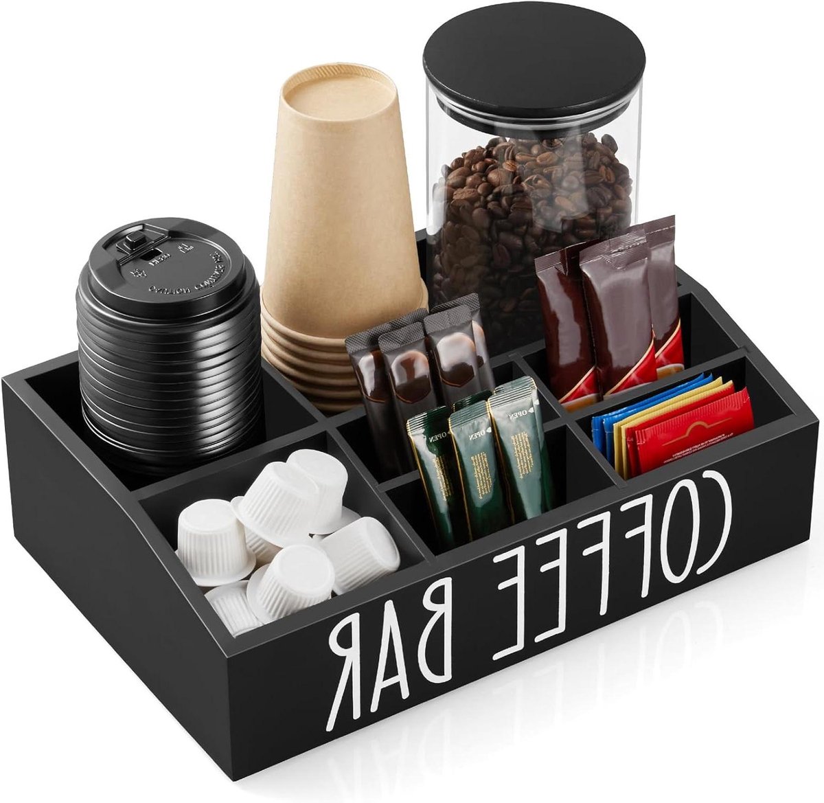 Koffiestation Organizer - Koffiebar Accessoires - Koffie serveren - Met Verwijderbare Verdelers - 7 Compartimenten - Zwart