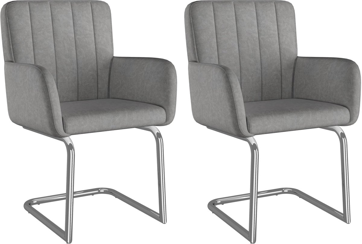 Merax Eetkamerstoelen Set van 2 - Gestoffeerde Stoelen - Kunstleer Stoelen - Metalen Sledepoten - Ergonomische Rugleuning - Grijs