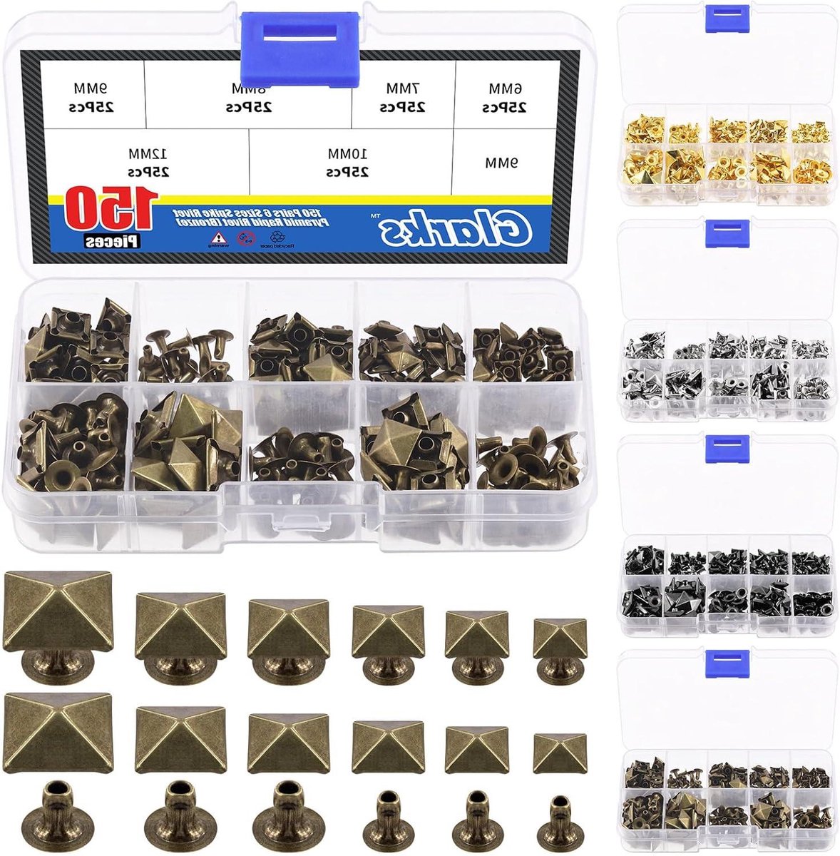 Bronzen Spikes Klinknagels - Punk Studs Piramide - Leerhandwerk Decoratie - Zes Verschillende Maten - 6 mm tot 12 mm