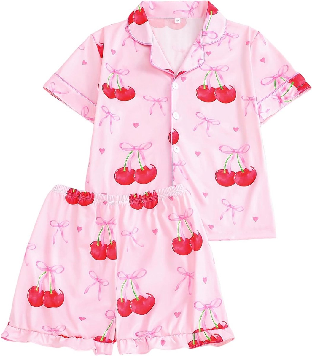 Zomerse 2-delige meisjesoutfit met korte mouwen, strikprint en knoopsluiting voor 7-12 jaar