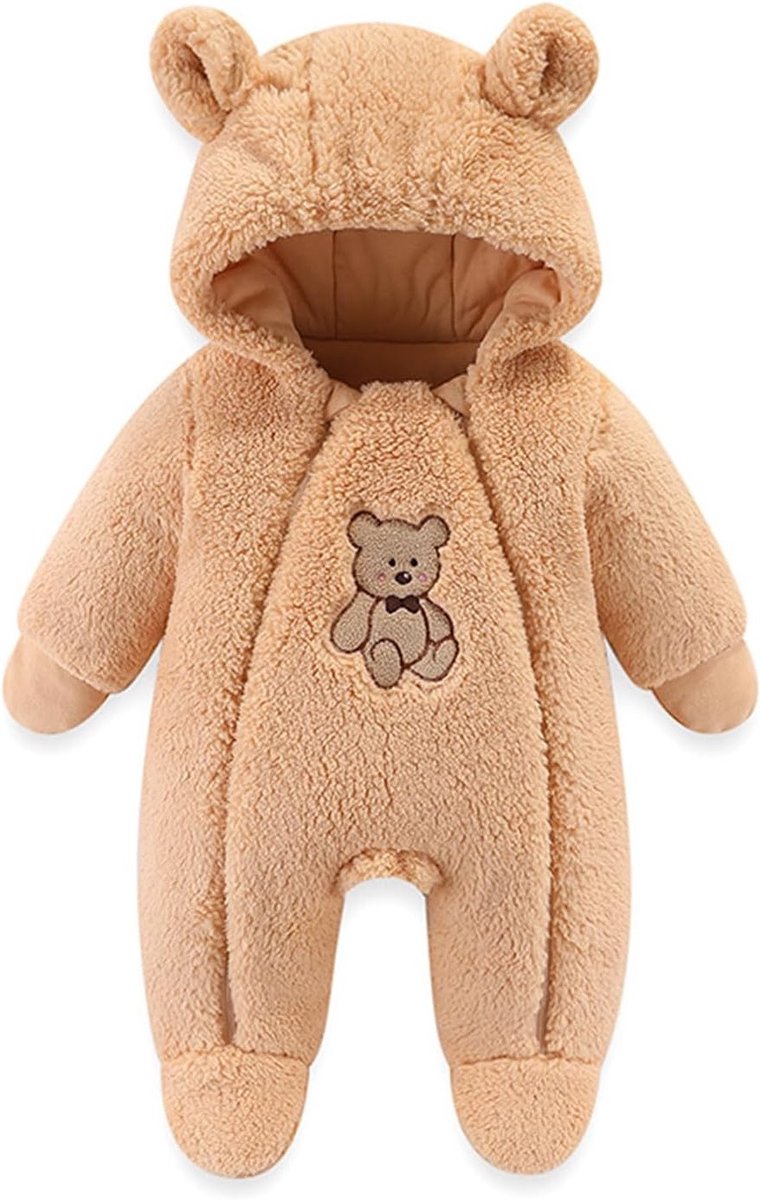 Baby Jumpsuit met Kap en Fleece, Schattige Beren Romper voor Jongens en Meisjes, 0-12 Maanden