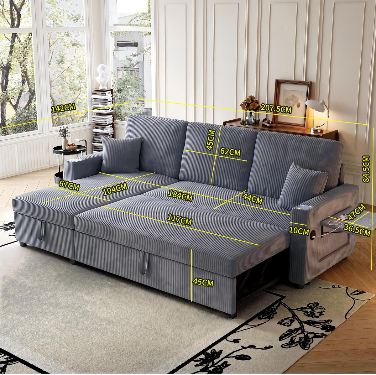 L-vormige Hoekbank, Multifunctionele Slaapbank, 3-Zits Bank, een Ruime bank, Bank met Opbergruimte, een Slaapbank op de vloer en Opbergruimte: de Modulaire Bank en Loungeset van AR zijn Geschikt voor uw Woonkamer en Appartement-Grijs