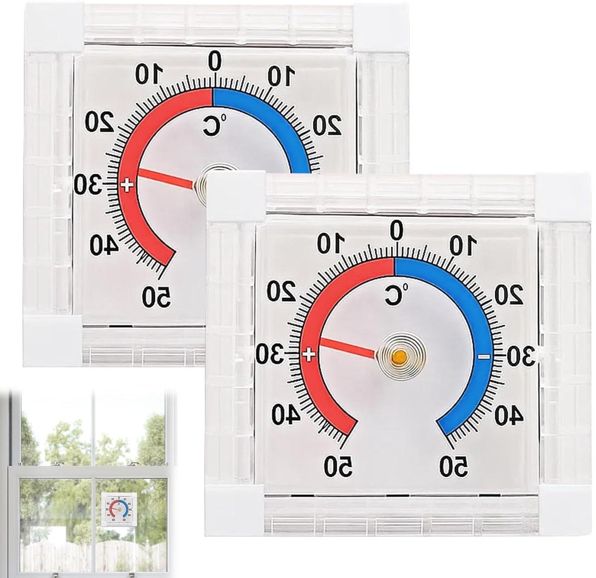 Raamthermometer Buiten - Buitenthermometer Analoog - Temperatuur Meten - Zelfklevend Weerbestendig - 2 Stuks -50 tot 50C - Transparant