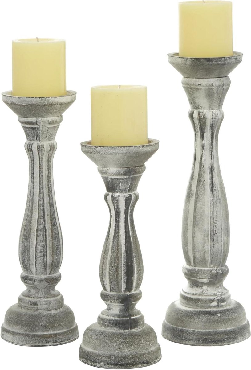 Houten Kandelaars Set - Kaarsenstandaards Decoratief - Huis Decoratie - Gedistilleerde Afwerking - 3 Maten - Wit