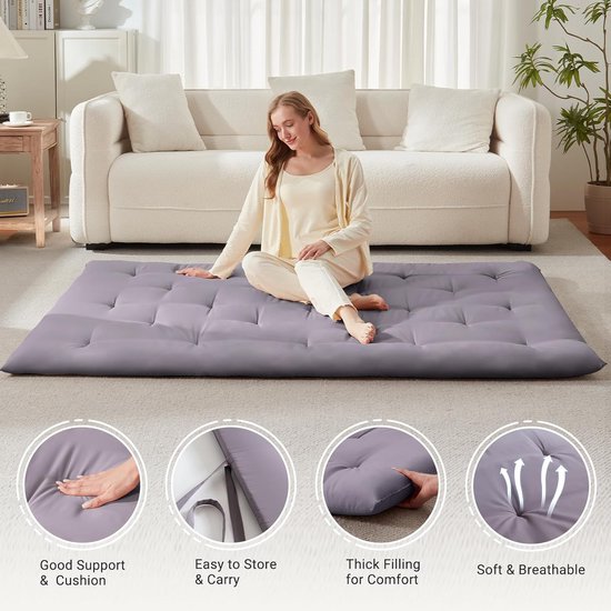 Japanse vloermatras - Futonmatras vloerbed - Comfortabel slapen - Vijflaagse structuur - 99 x 203 cm - Grijs — afbeelding 3