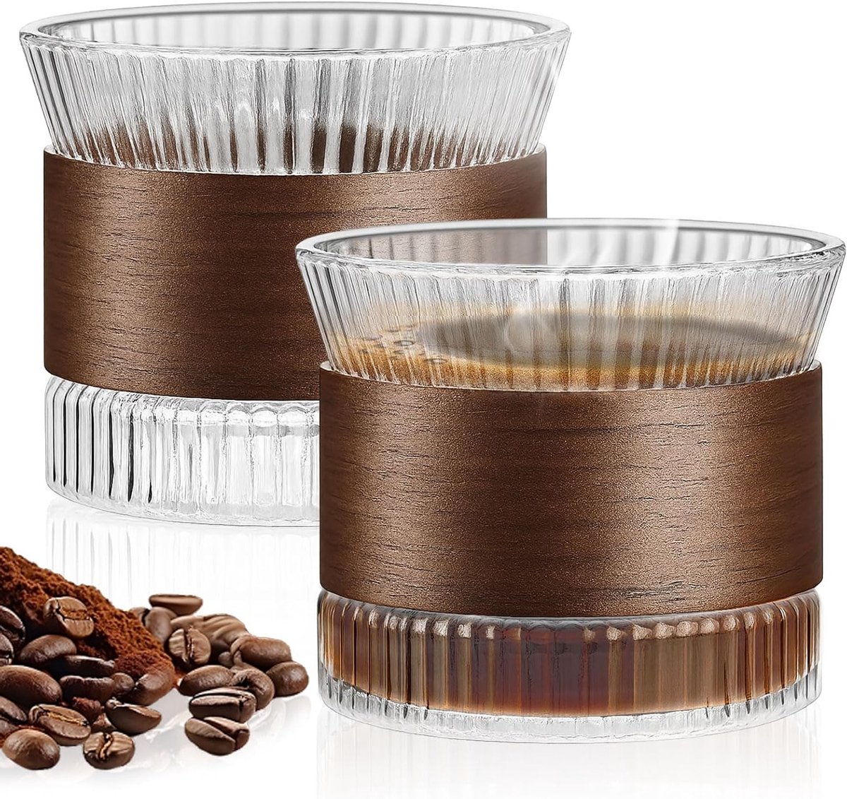 Set van 2 Glazen Espresso Kopjes met Walnoothouten Handvat - 150 ml