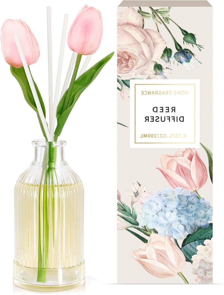 Scented Reed Diffuser 200ml voor Thuis - Geurverspreider met 6 Rietjes voor Woonkamer, Yoga en Ontspanning - Tulpengeur