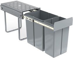 FIVMEN Inbouwafvalemmer voor de keuken, 2 vakken, uittrekbare vuilnisemmer, afvalemmer, keukenonderkast, met telescopische rails, keukenafvalemmer, inbouw afvalscheidingssysteem, grijs, 1 x 20 l + 1 x