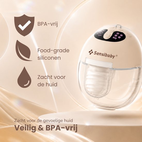 Sensibaby borstkolf met label 'BPA-vrij' en 'Food-grade siliconen'.